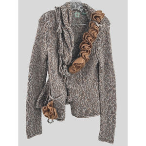 Anthropologie HWR Monogram Muted Tan Gray Ruffle Floral Cardigan Wool Alpaca Med